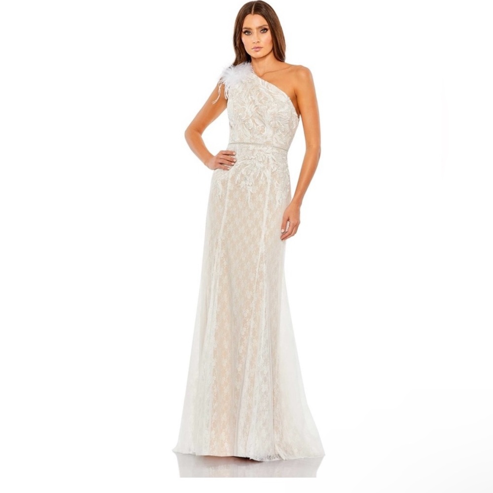 COPY - MAC DUGGAL 11317 Lace Embellished Feathered One
Shoulder Gown
